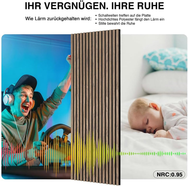 Akustikpaneele Holz 120x60cm-2er Set(1,44m²) 3D Wandpaneele mit Holzfurnier & Filz, Akustik Holzpane