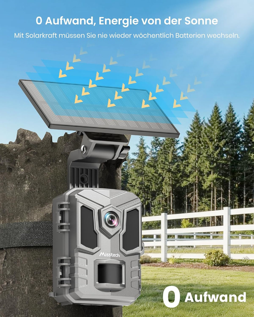 Misstech 4K UHD Solar Wildkamera mit Handyübertragung App, 64MP Solarbetriebene Wildtierkamera mit 0