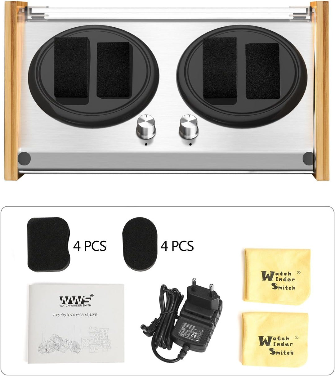 Watch Winder Smith Uhrenbeweger aus Bambusholz und Metall für 4 Uhren,