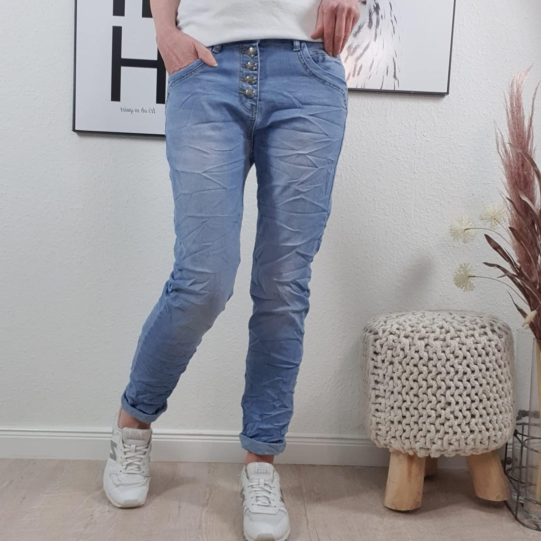 Karostar Damen Boyfriend Stretch Jeans mit offener Knopfleiste