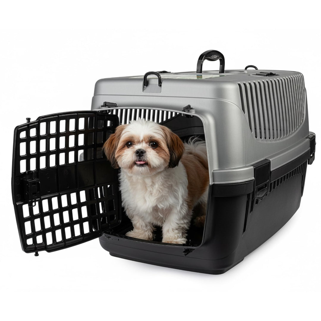 HAPPET Tiertransportbox Polly M Grau & Schwarz 55x36,5x33 cm – Robuste, gut belüftete Transportbox a