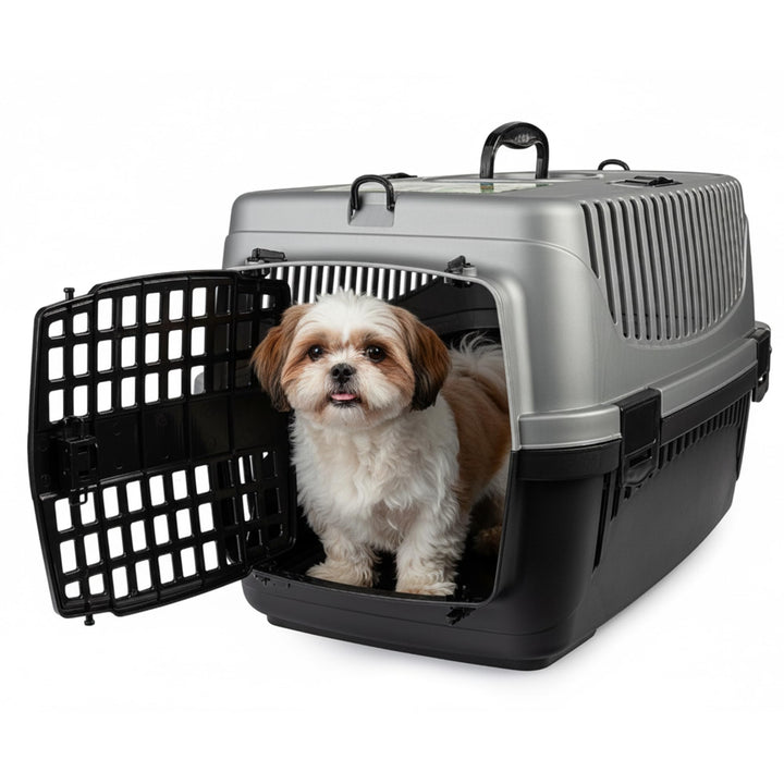 HAPPET Tiertransportbox Polly M Grau & Schwarz 55x36,5x33 cm – Robuste, gut belüftete Transportbox a