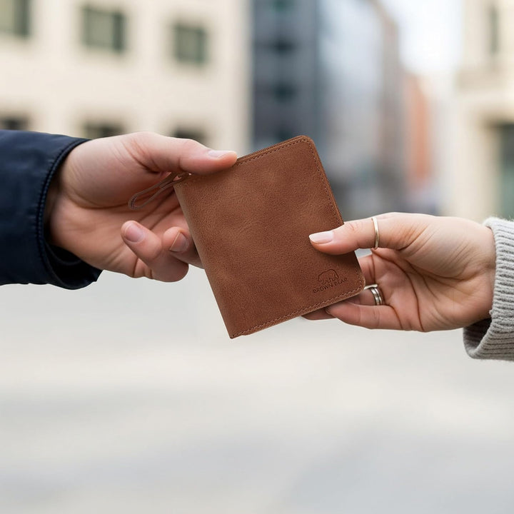 BROWN BEAR Geldbörse Reissverschluss Leder Vintage Braun für Damen & Herren | RFID-Schutz Portemonna