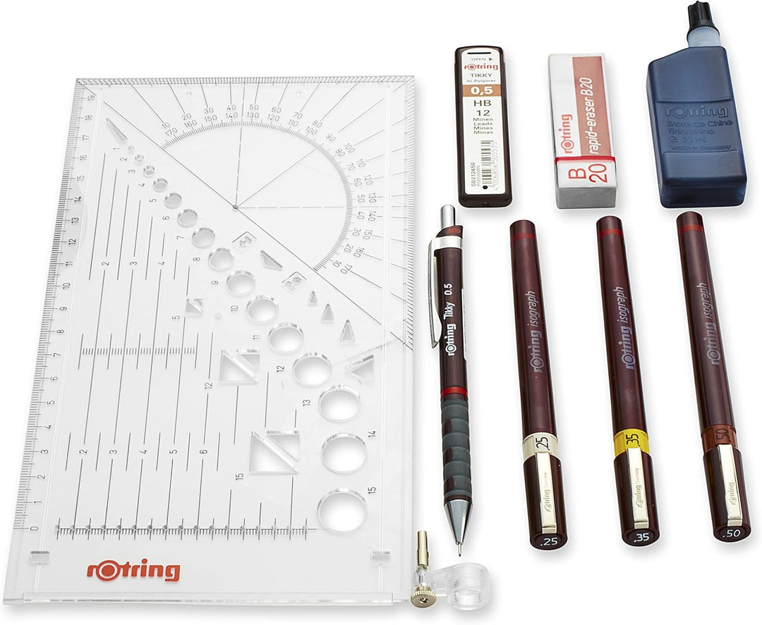 rOtring Isograph Fineliner College Set | 3 Isograph Tuschefüller (0,25 mm, 0,35 mm und 0,50 mm), Tik
