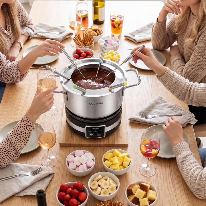 COSTWAY Fondue elektrisch Set, 1200W Fondueset mit 8 farblich markierten Gabeln & Gabelhalter, 2,3l