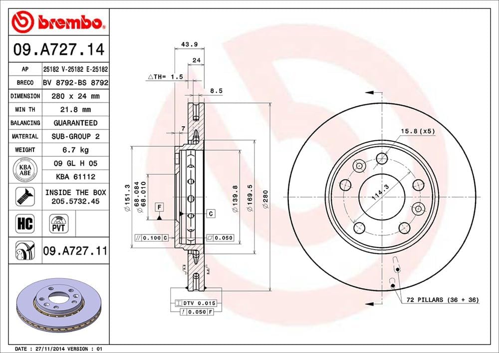 Brembo 09.A727.11 Vordere Bremsscheibe mit UV Lackierung, Anzahl 2
