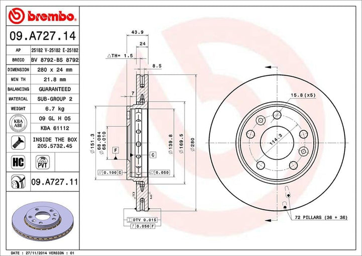 Brembo 09.A727.11 Vordere Bremsscheibe mit UV Lackierung, Anzahl 2