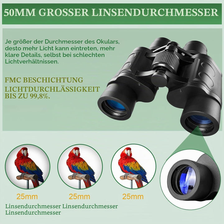 HD Fernglas für Erwachsene, Jagd, Wandern, Sightseeing, FMC-Linse Feldstecher inkl. Tragetasche, Tra