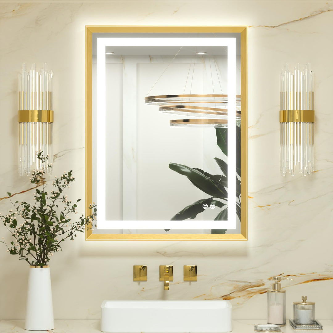 Keonjinn Badspiegel mit Beleuchtung Gold Metallrahmen 60x80cm, Badezimmerspiegel Beleuchtet Beschlag