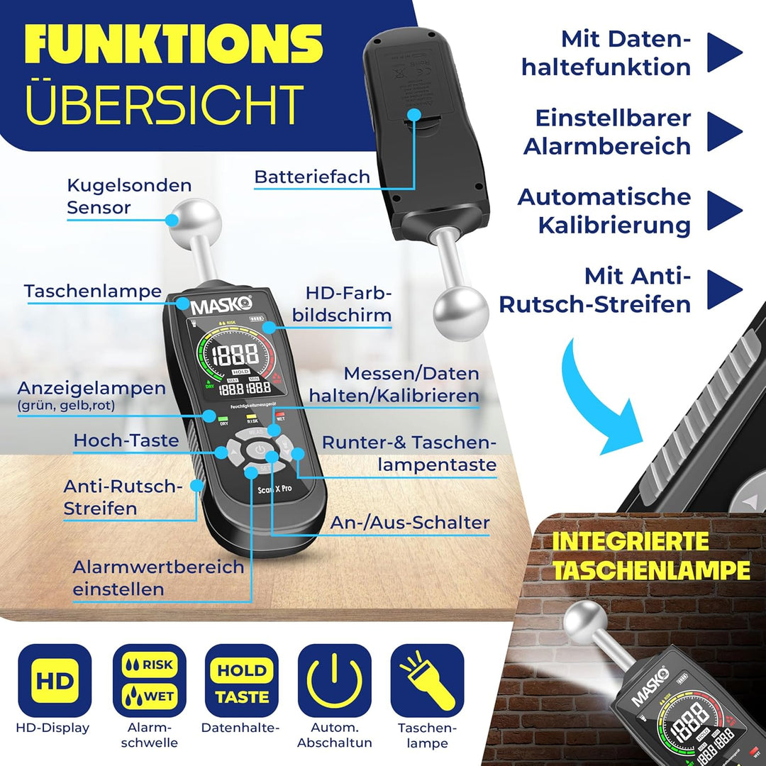 MASKO® Feuchtigkeitsmessgerät Feuchtigkeitsmesser Wand Boden, Holz & Baustoffe Estrich Beton Gips ze