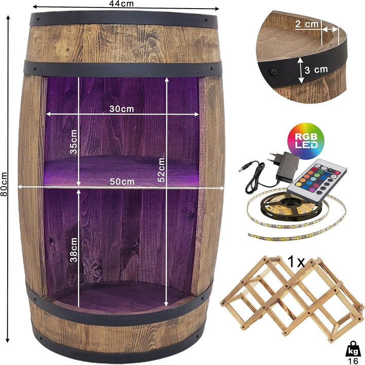weeco Holzfass mit weinhalter RGB LED Beleuchtung - Weinregal fassbar. Rustikaler deko Barschrank We