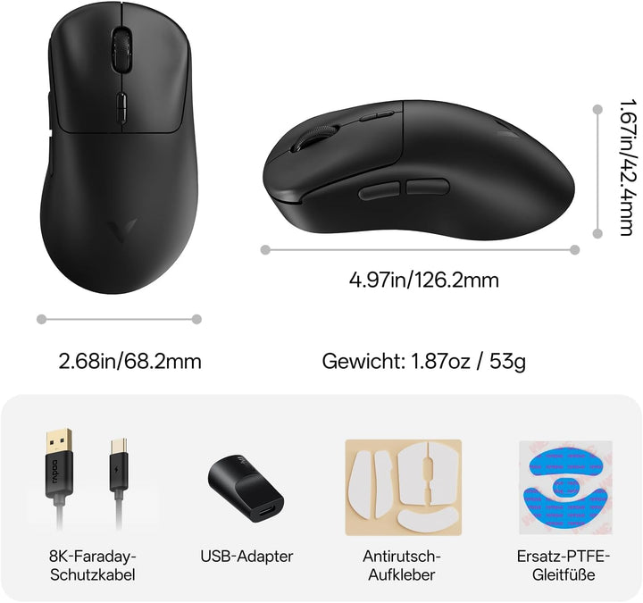 Rapoo VT3 MAX Gen-2 Gaming Maus Kabellose, Echte 8000Hz Abfragerate, 30K DPI, 53g Ultraleicht, 750 S