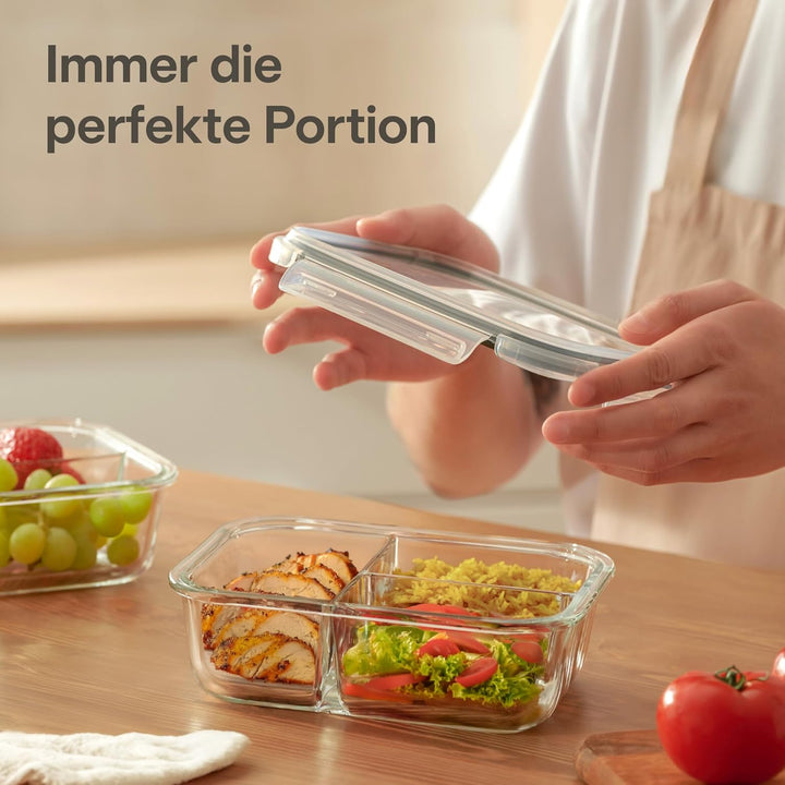 Praknu Meal Prep Boxen Glas 3 Fächer - Glasdosen 2er Set mit Deckel 1000ml - Luftdicht - BPA-Frei -
