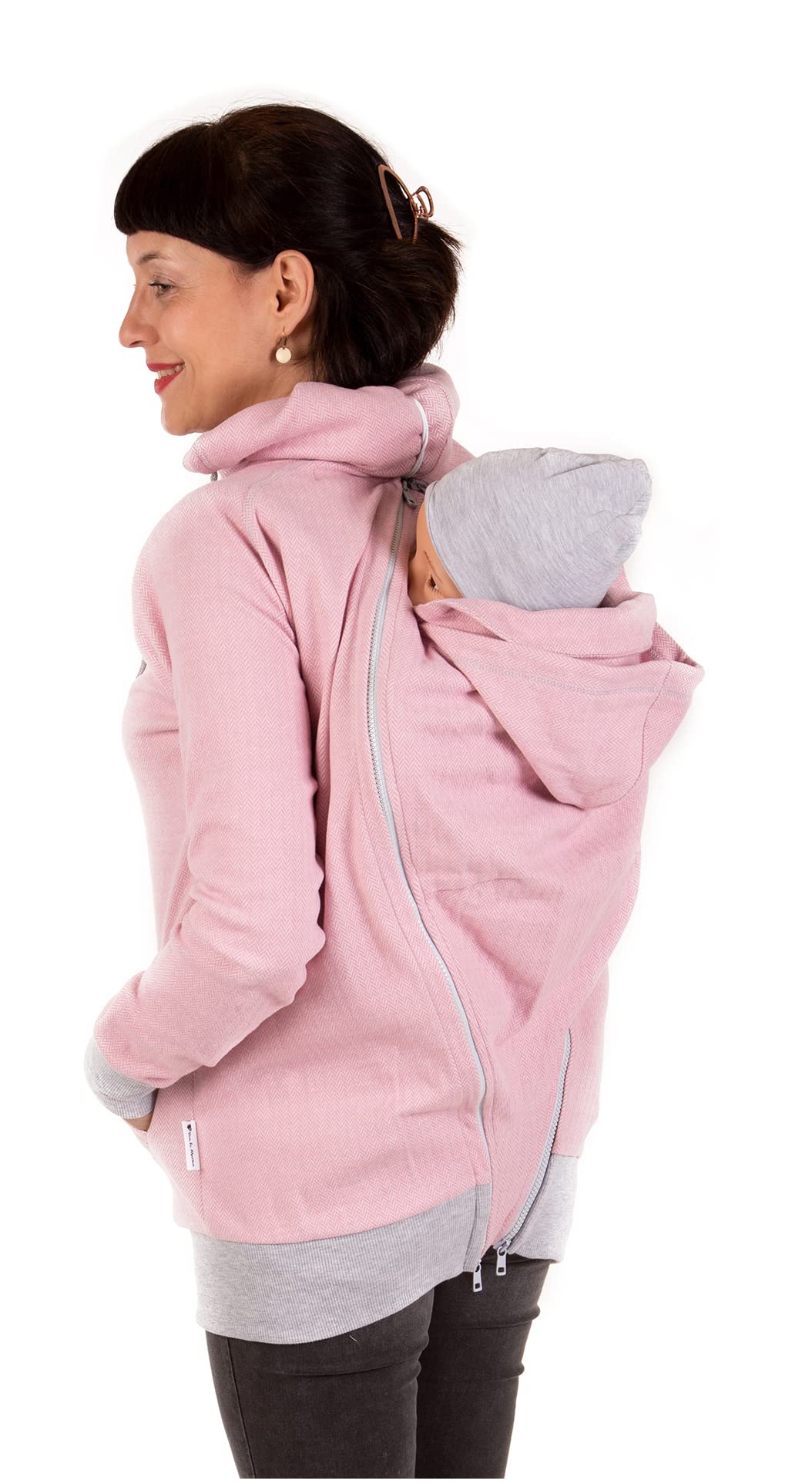 Viva la Mama 3in1 leichte Tragejacke für Mama und Baby, Umstandsjacke - CLEO XS Rosa - Vorn und Hint