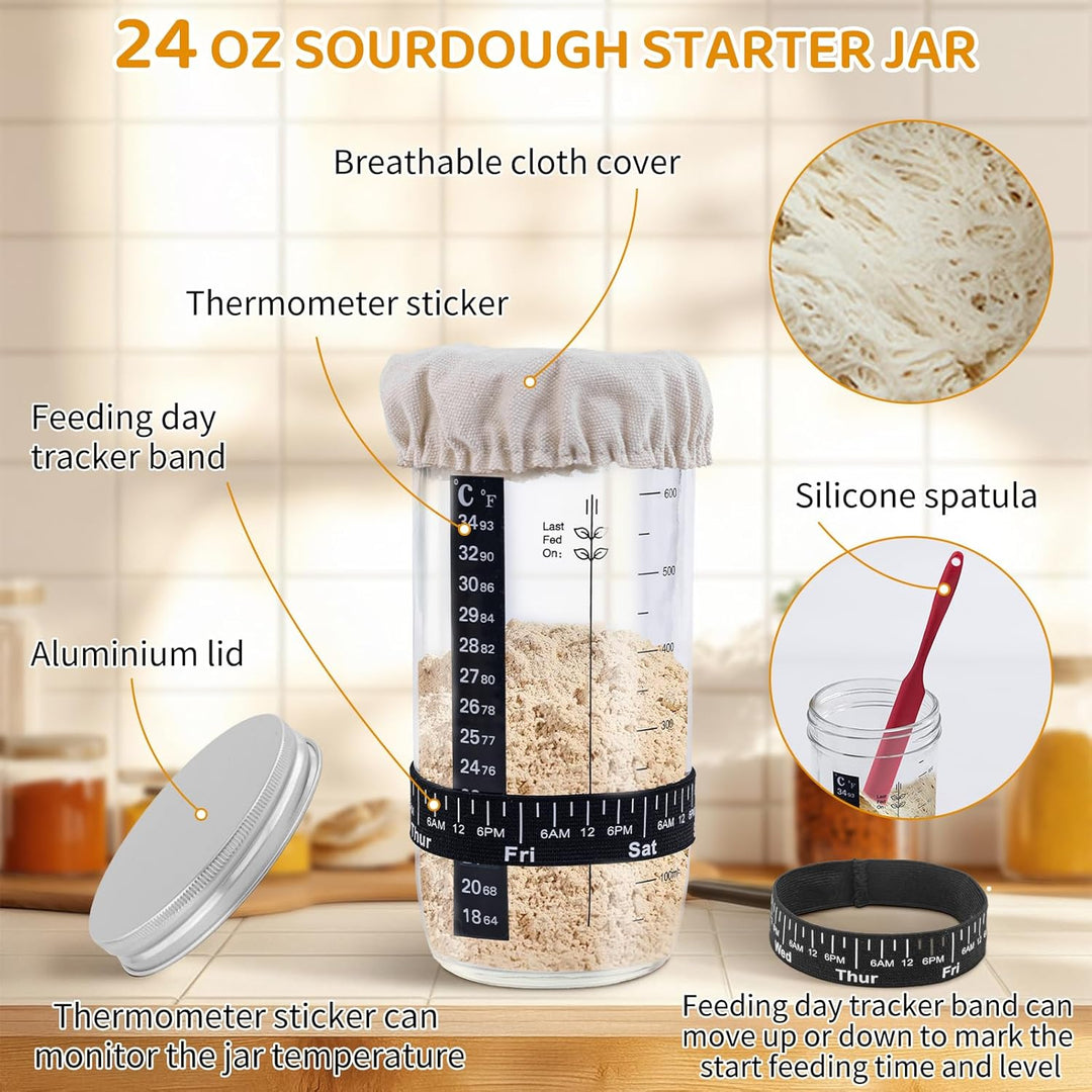 Gärkörbchen Sauerteig Starter Set – 23cm Rund & 25cm Oval Brot Gärkorb Set mit Starterglas, Komplett