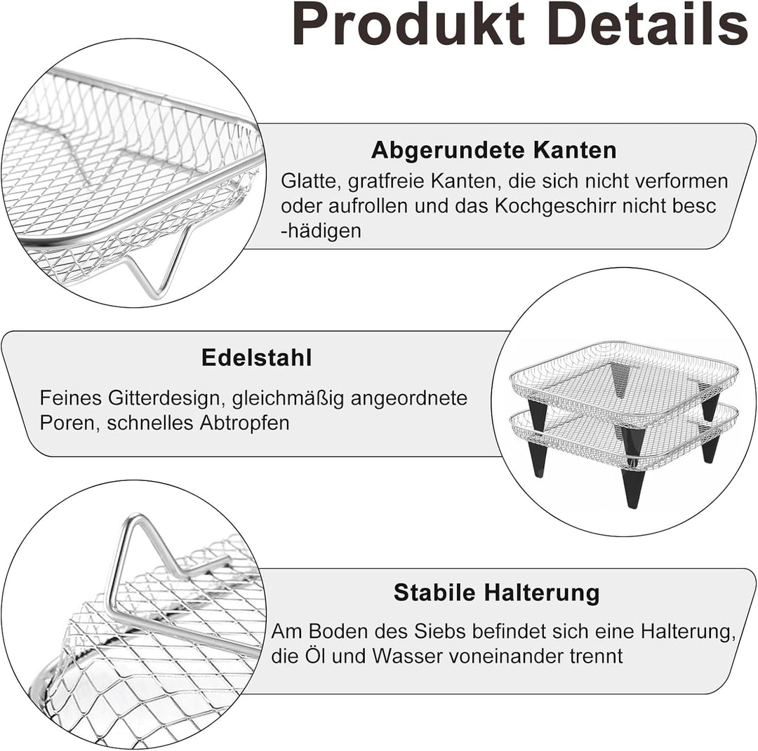 Airfryer Zubehör, 3 Stück Korb für Heissluftfritteuse, Air Fryer Rack mit 8 Silikonfüssen 1 Pinzette