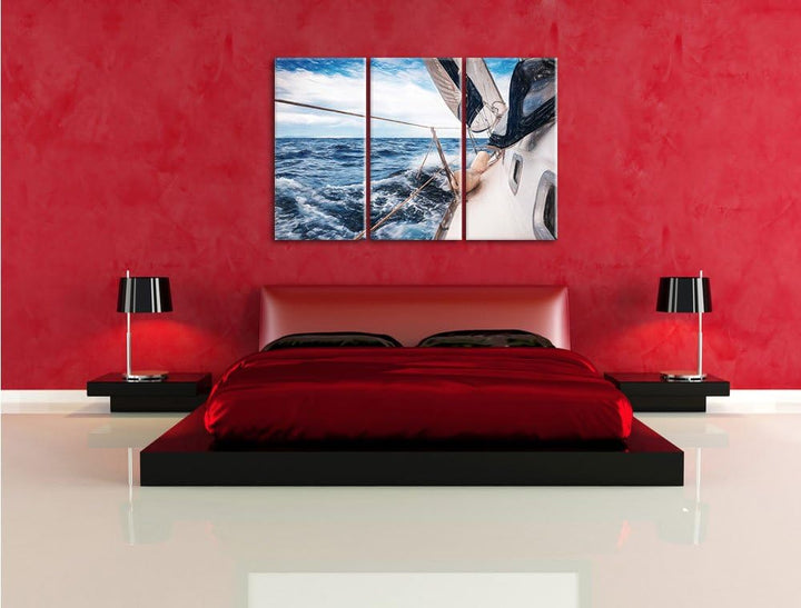 Pixxprint Die weissen Segel der Yacht Kunst Buntstift Effekt 3-Teiler Leinwandbild 120x80 Bild auf L
