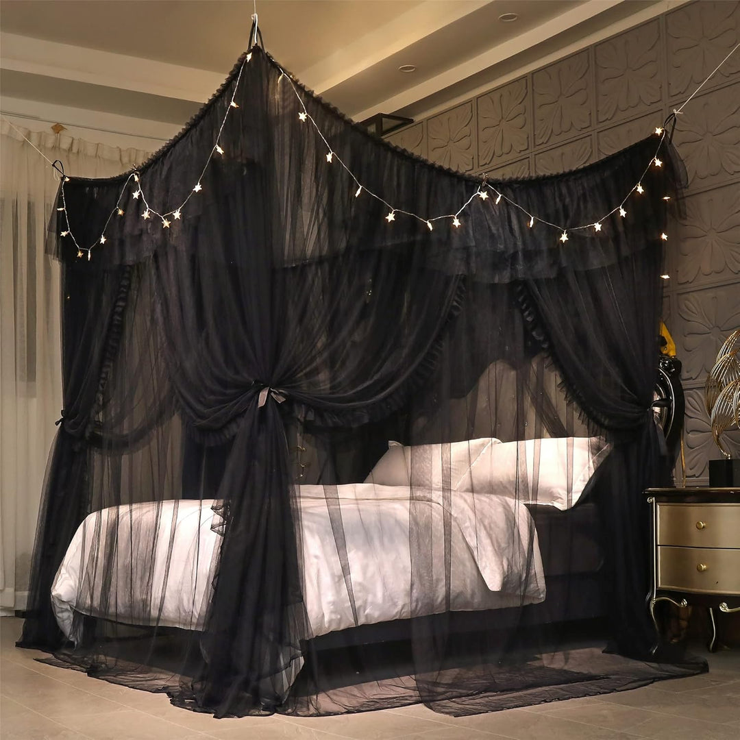 VETHIN 4 Ecken Pfosten Rüschen Prinzessin Bett Baldachin Vorhang, doppellagig, gemütlich, schwarz, 1