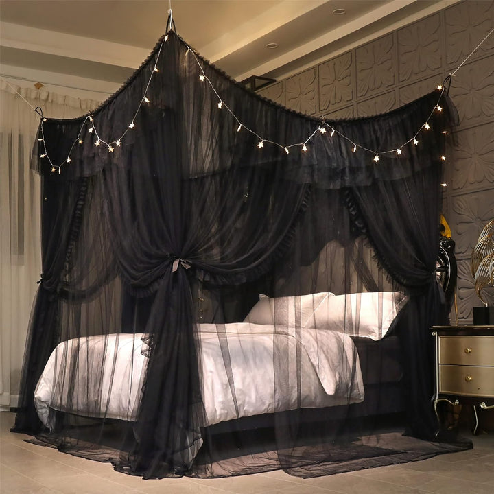 VETHIN 4 Ecken Pfosten Rüschen Prinzessin Bett Baldachin Vorhang, doppellagig, gemütlich, schwarz, 1