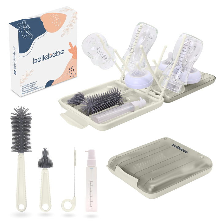BELLEBEBE Set Trockenständer Babyflaschen mit Flaschenbürste Baby - 6 in 1 Flaschenständer - Transpo