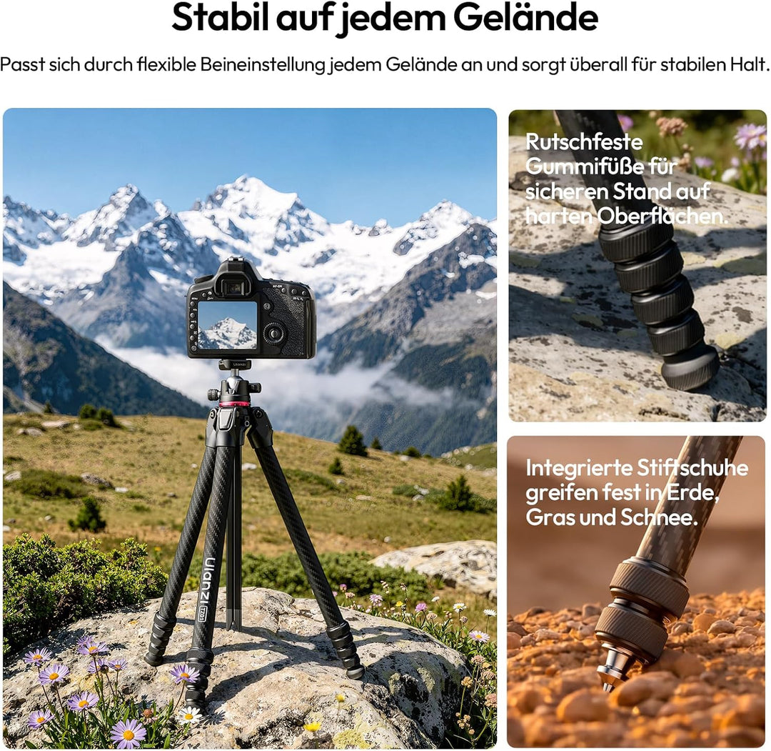 ULANZI TZ01 Carbon Stativ Kamera 160cm, Abnehmbare Mittelachse als Mini Stativ, 360° Kugelkopf mit H