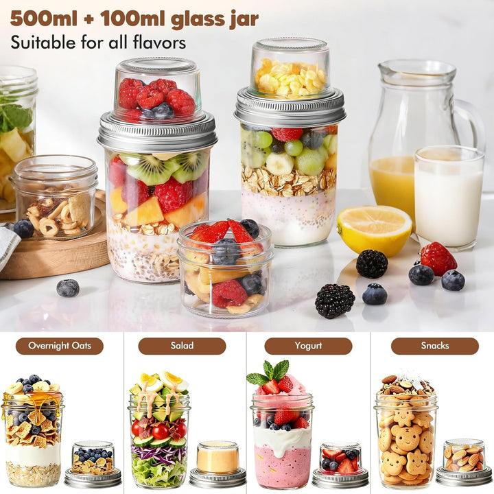 Müslibecher To Go mit Löffel, 2er Joghurtbecher to Go Becher Müsli 600ml+270ml Overnight Oats Gläser
