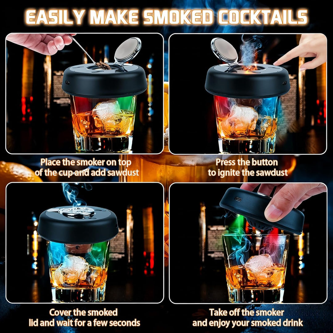 Whisky Smoker Set,Wiederaufladbarer Cocktail Smoker Kit mit 6 Flavors Holzspänen,RGB Licht,für Whisk
