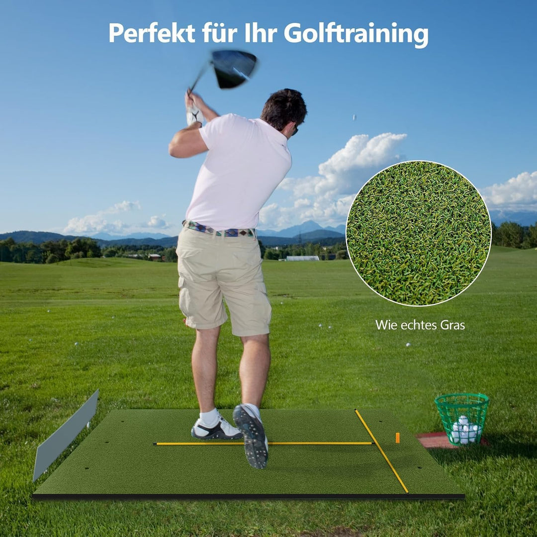 GYMAX Golf Abschlagmatte, Golf Übungsmatte mit 2 Gummi-Tees, 2 Ausrichtungsstäben & 6 Abschlagpositi