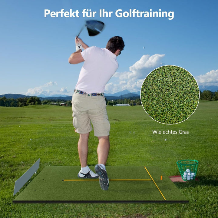 GYMAX Golf Abschlagmatte, Golf Übungsmatte mit 2 Gummi-Tees, 2 Ausrichtungsstäben & 6 Abschlagpositi