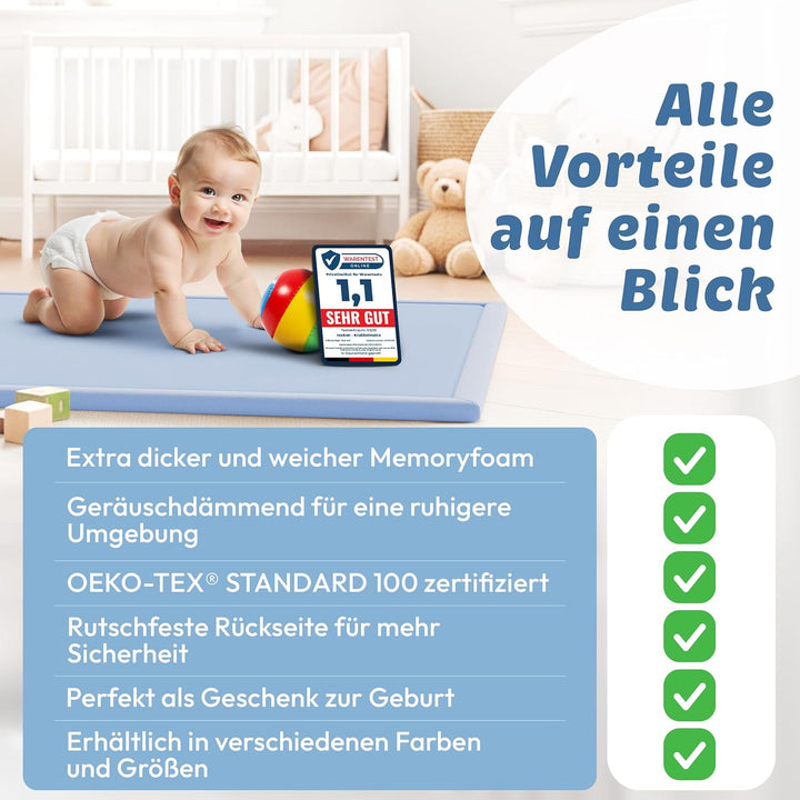 Seidenweiche Krabbelmatte Baby 200x150x3cm blau Extra Dicke(3cm) Spielmatte Kinder mit Premium Memor
