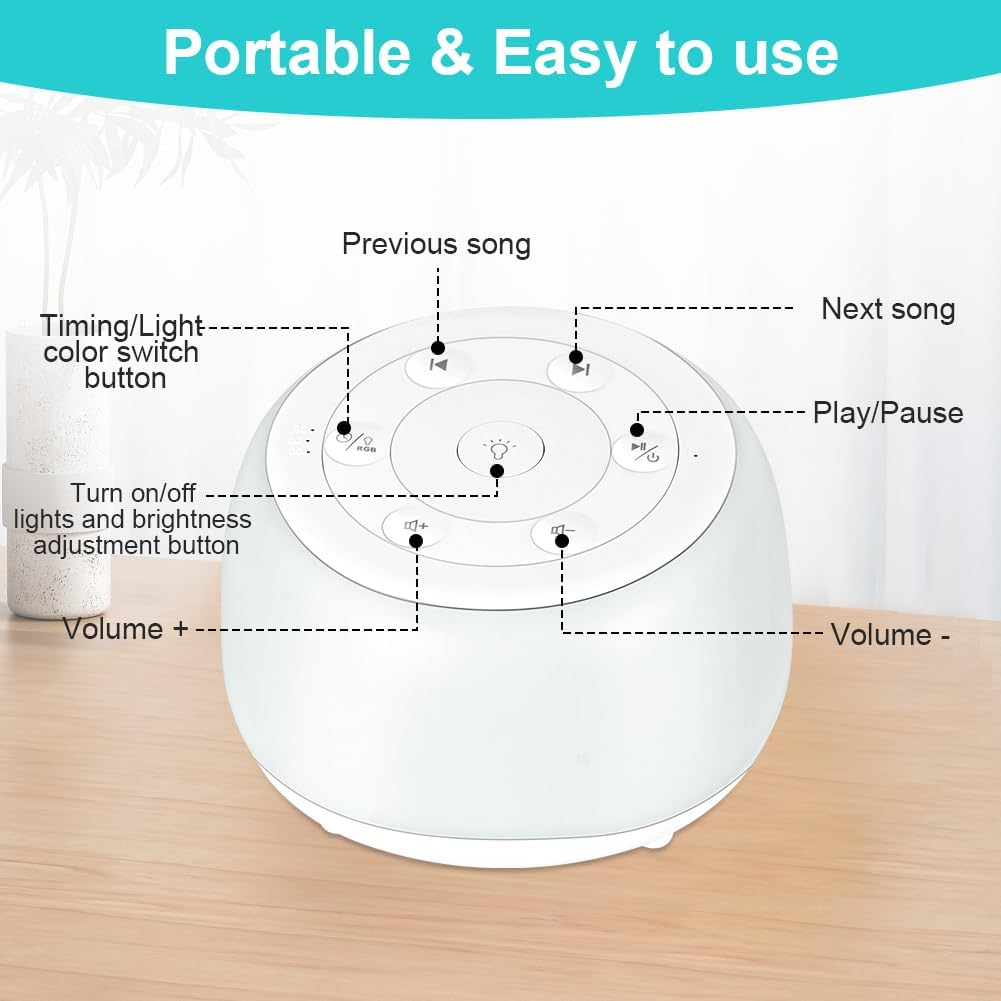 White Noise Machine, Tragbare Baby-Einschlafhilfe, Einschlafhilfe mit 34 Geräuschen,Tragbare Bluetoo