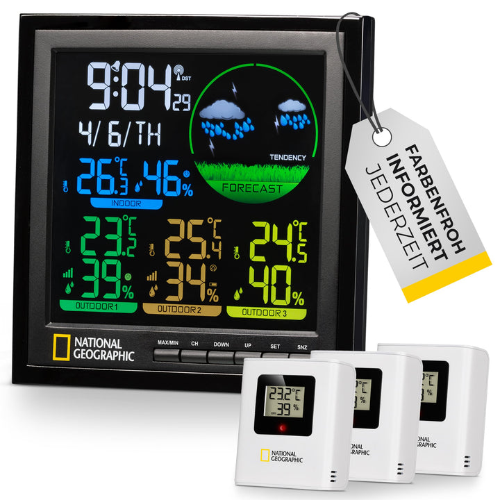 National Geographic Wetterstation Funk mit Aussensensor VA Farb-Wetterstation mit 4 Messbereichen fü