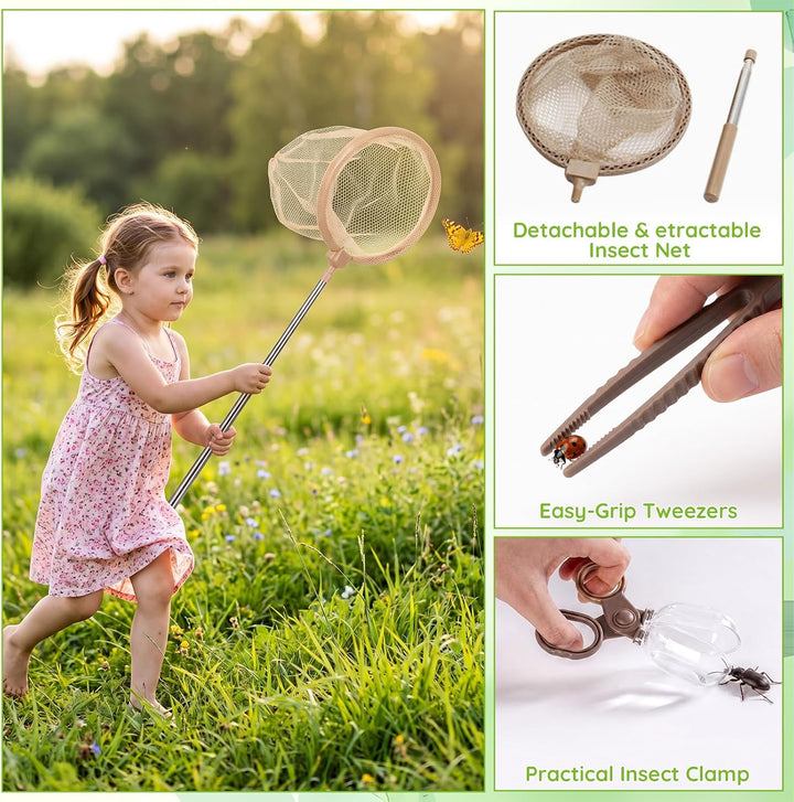 9 Pcs Forscherset Insektenfänger Set für Kinder, Outdoor Entdecker Set mit Lupen Schmetterlingsnetz