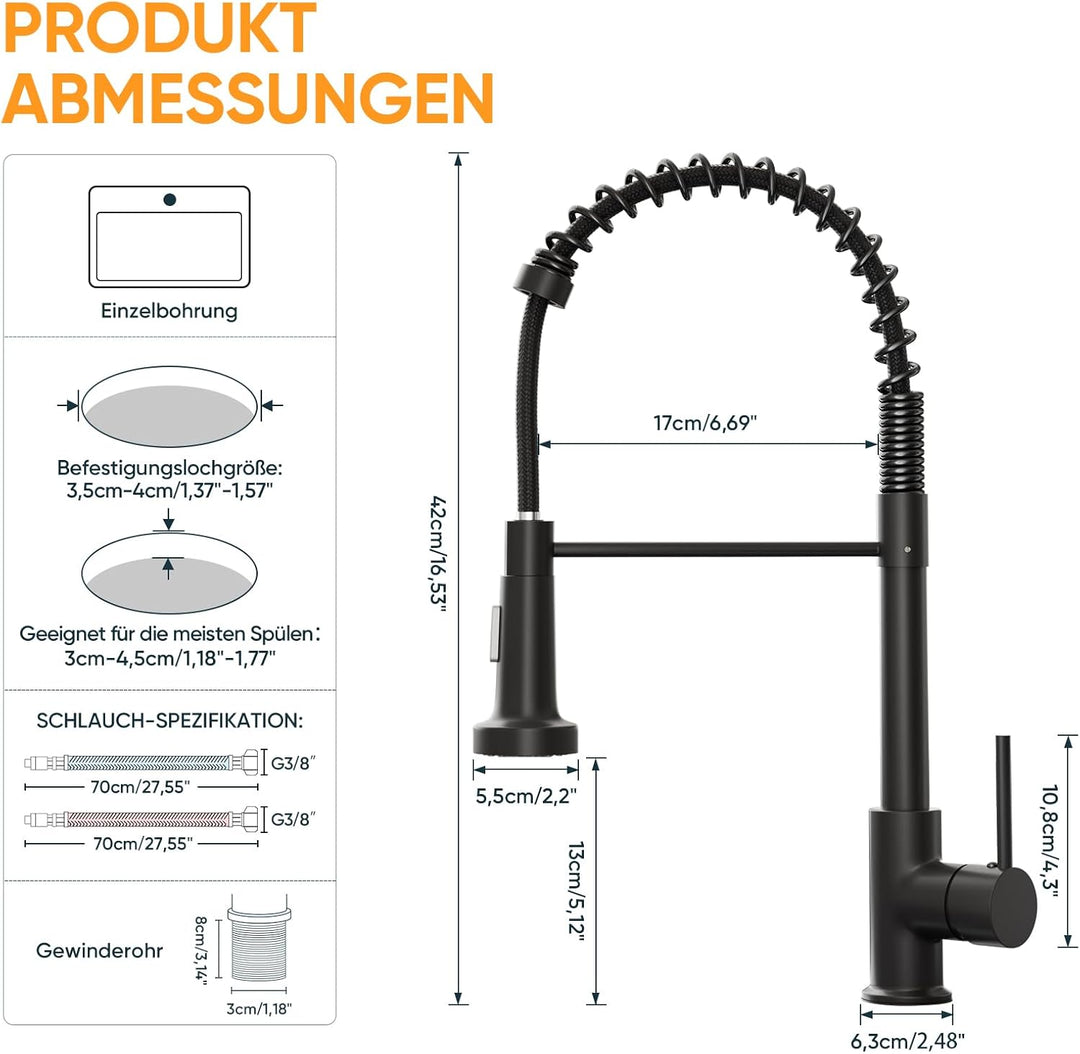 BESy Küchenarmatur Wasserhahn Schwarz Matt, Ausziehbar mit 2 Funktionen, Hochdruck Mischbatterie aus