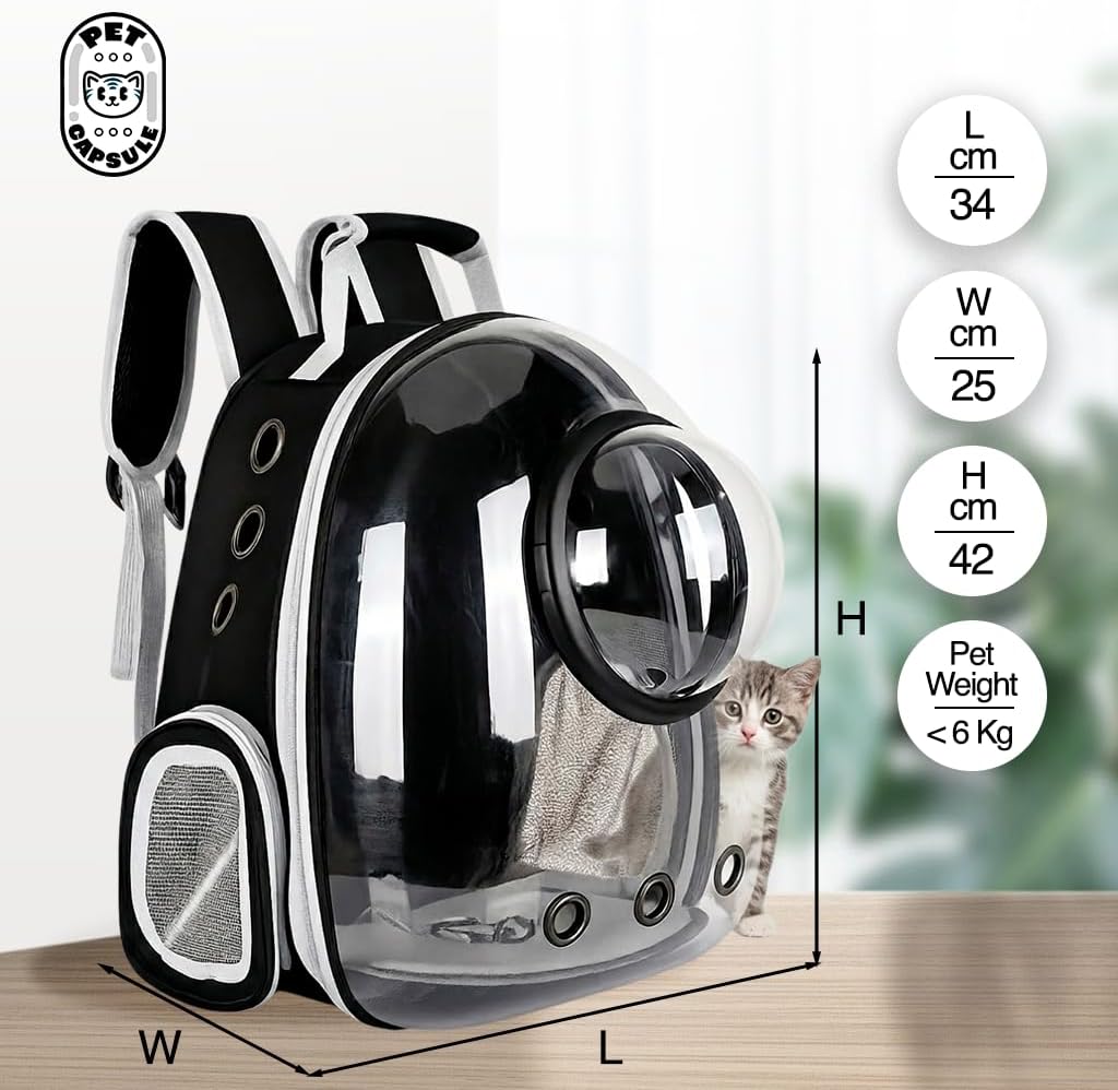 Transport-Rucksack für Katzen und kleine Hunde bis 6 kg, Kapselrucksack mit transparentem Fenster un