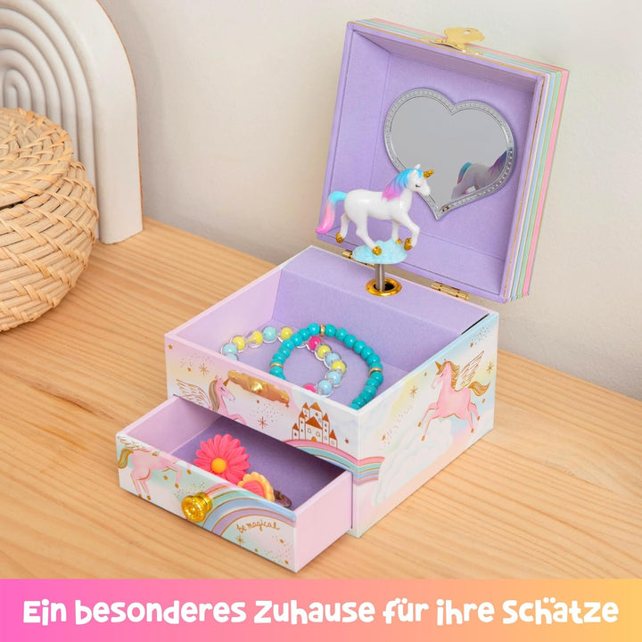 Musikalisches Einhorn-Schmuckkästchen für Mädchen – Kinder tanzende Einhorn-Spieluhr mit Spiegel, Ei