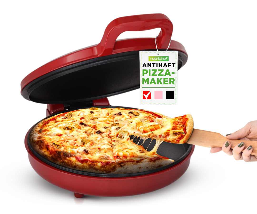 NutriChef Elektrischer Pizzaofen Rot – 1500W Kompaktgerät für 30cm Pizza Antihaftplatte für Pizza, T