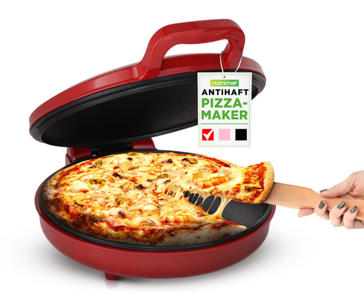 NutriChef Elektrischer Pizzaofen Rot – 1500W Kompaktgerät für 30cm Pizza Antihaftplatte für Pizza, T