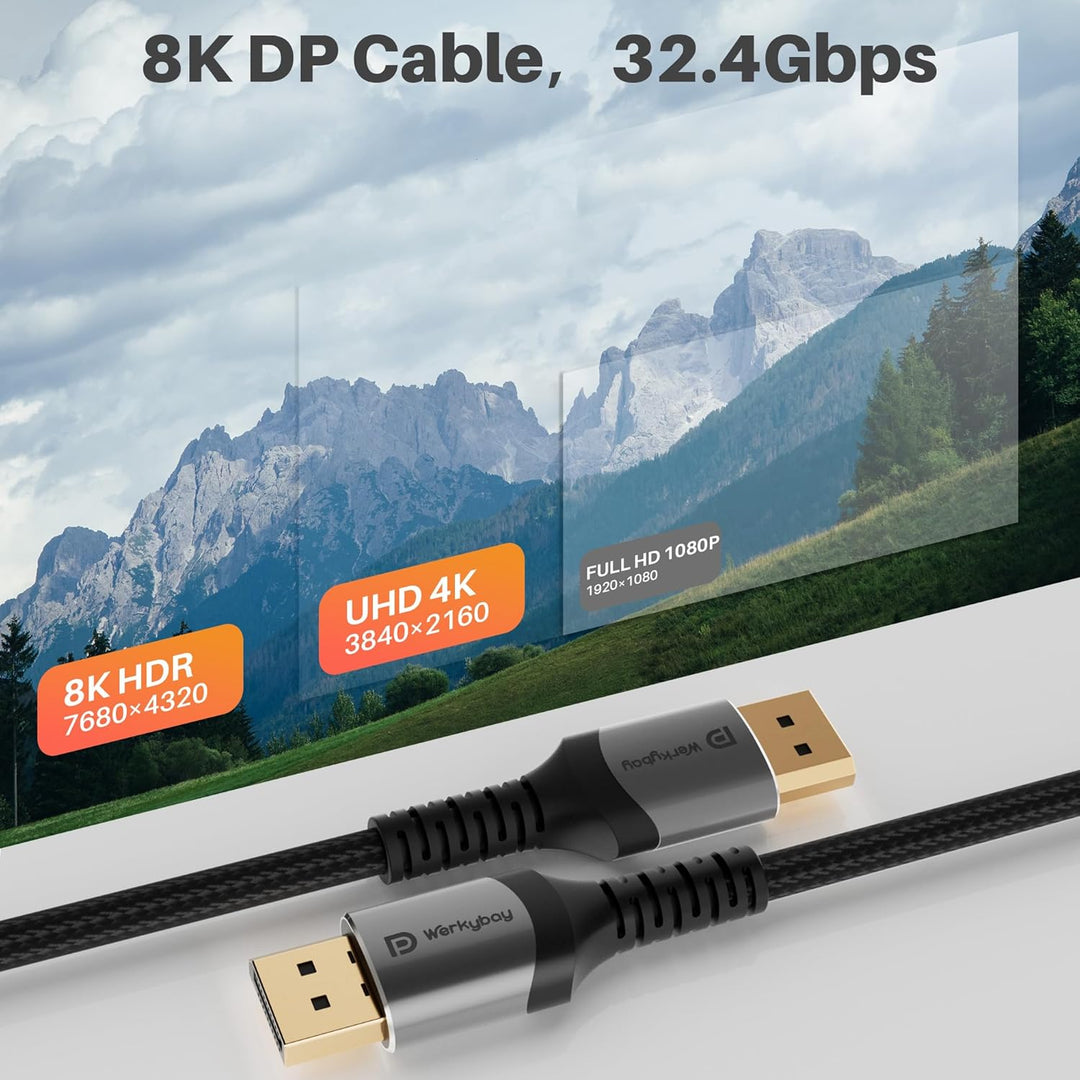 8K DisplayPort Kabel 10m,DP 1.4 Kabel, 32.4Gbps VESA-zertifiziert, Nylon gewebte Mantel, 8K@60Hz 4K@