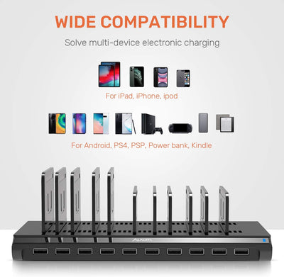 Alxum Handy USB Ladestation Mehrfach, 60W 10 Ports USB Ladestation Mehrere Geräte mit Multiport Schn