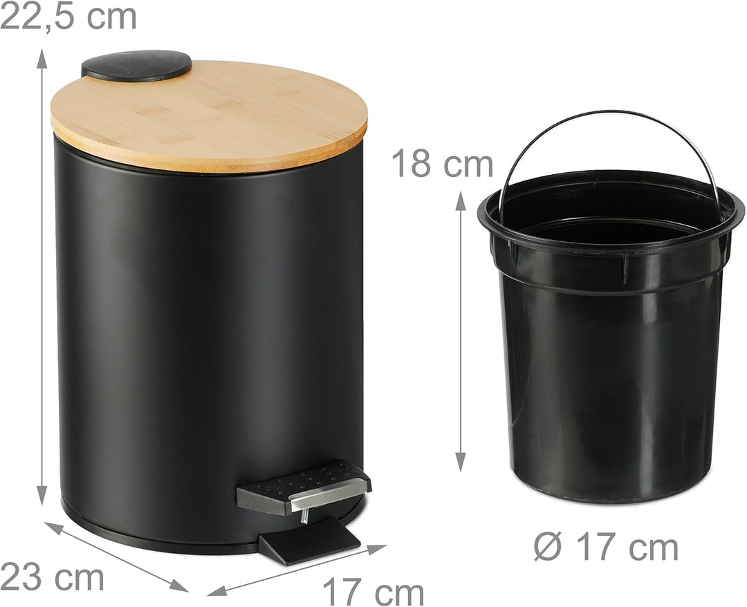 Relaxdays Mülleimer Bad, 3 l, Kosmetikeimer Absenkautomatik, Bambusdeckel, entnehmbarer Inneneimer,