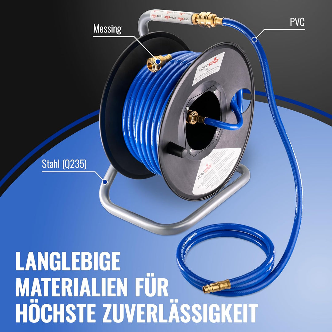 Poppstar Manuelle Druckluftschlauchtrommel aus PVC (20m+1,5m, Durchmesser (6x11,5mm)), Anschlüsse 1/