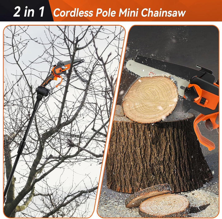 2-in-1 Akku-Pole Säge, hohe Zweigsäge Handkettensäge mit 4&6 Zoll Ketten 2pcs wiederaufladbare 21V B