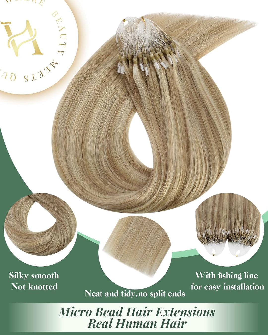Ugeat 55cm Haarverlängerung mit Microrings Extensions Bondings 50Strähnen 50Gramm Gesträhnt Farbe Mi