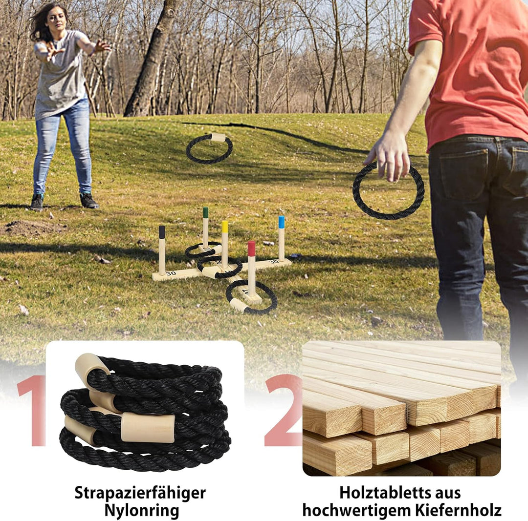 Aufun Ringwurfspiel aus Holz Wurfspiel Set mit 5 Wurfringe und 5 Spielstäben, Holzspiel Gartenspielz