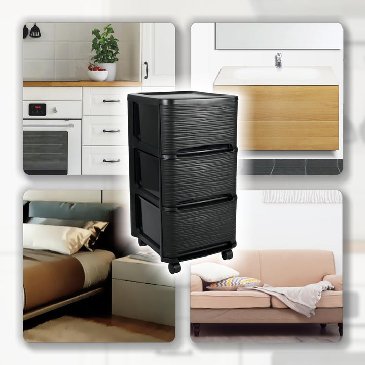 Schubladenschrank mit Rollen Rollcontainer mit 3 Schubladen Rollschrank Kunststoff Rollwagen (Schwar