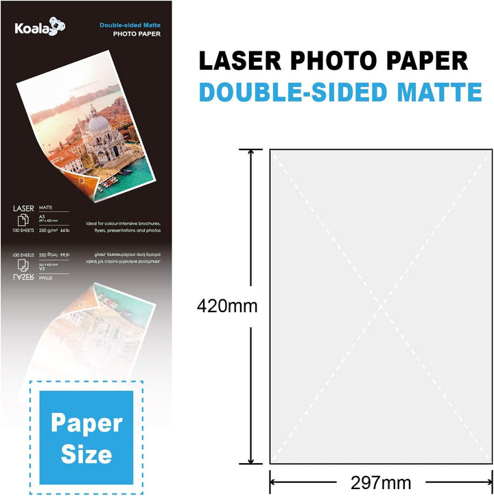 KOALA Fotopapier für Laserdrucker, Doppelseitig, Matt, A3, 250 g/m², 100 Blatt. Geeignet zum Drucken