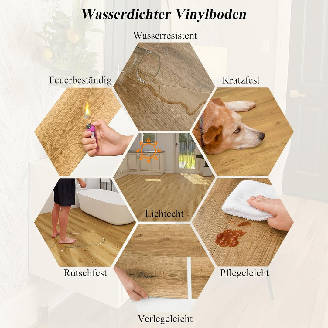 Mysflosy Vinylboden Selbstklebend, PVC Bodenbelag holzoptik wasserdicht, Eiche Europäische 15,24cm x