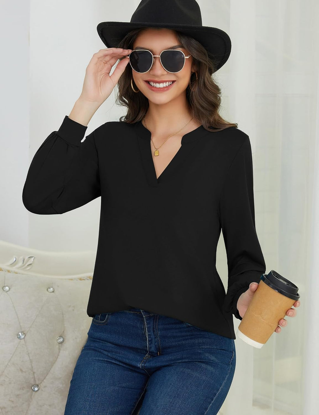 Beluring Langarmshirt Damen Elegant V Ausschnitt Tunika Bluse Einfarbig T-Shirt, S Schwarz
