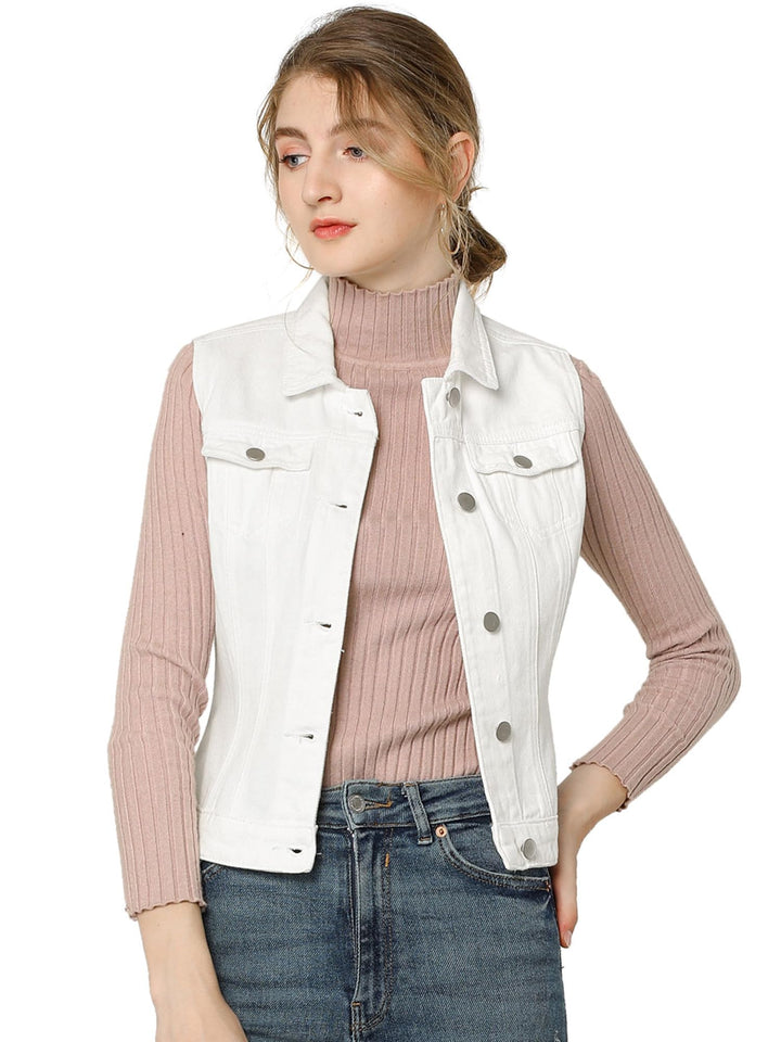Allegra K Damen Jeansweste Ärmellos Knopfleiste Sommer Denim Revers Jacke Westen mit Taschen XS Weis